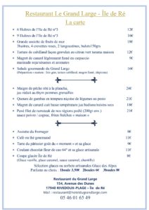 Carte d'été 2021 Restaurant Hôtel Le Grand Large Ile de Ré Juillet Aout