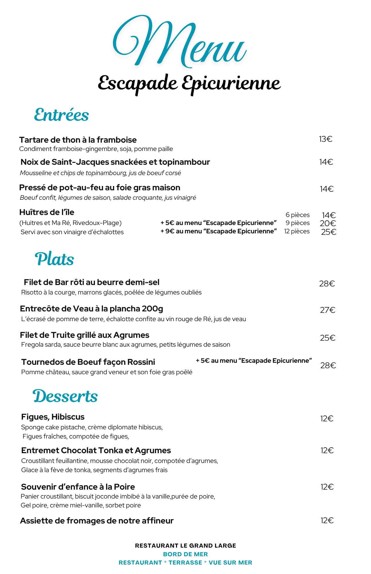 Menu Le Grand Large Octobre 2026